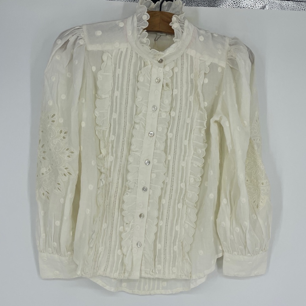 Sundance off white ruffle Swiss dot button front blouse top